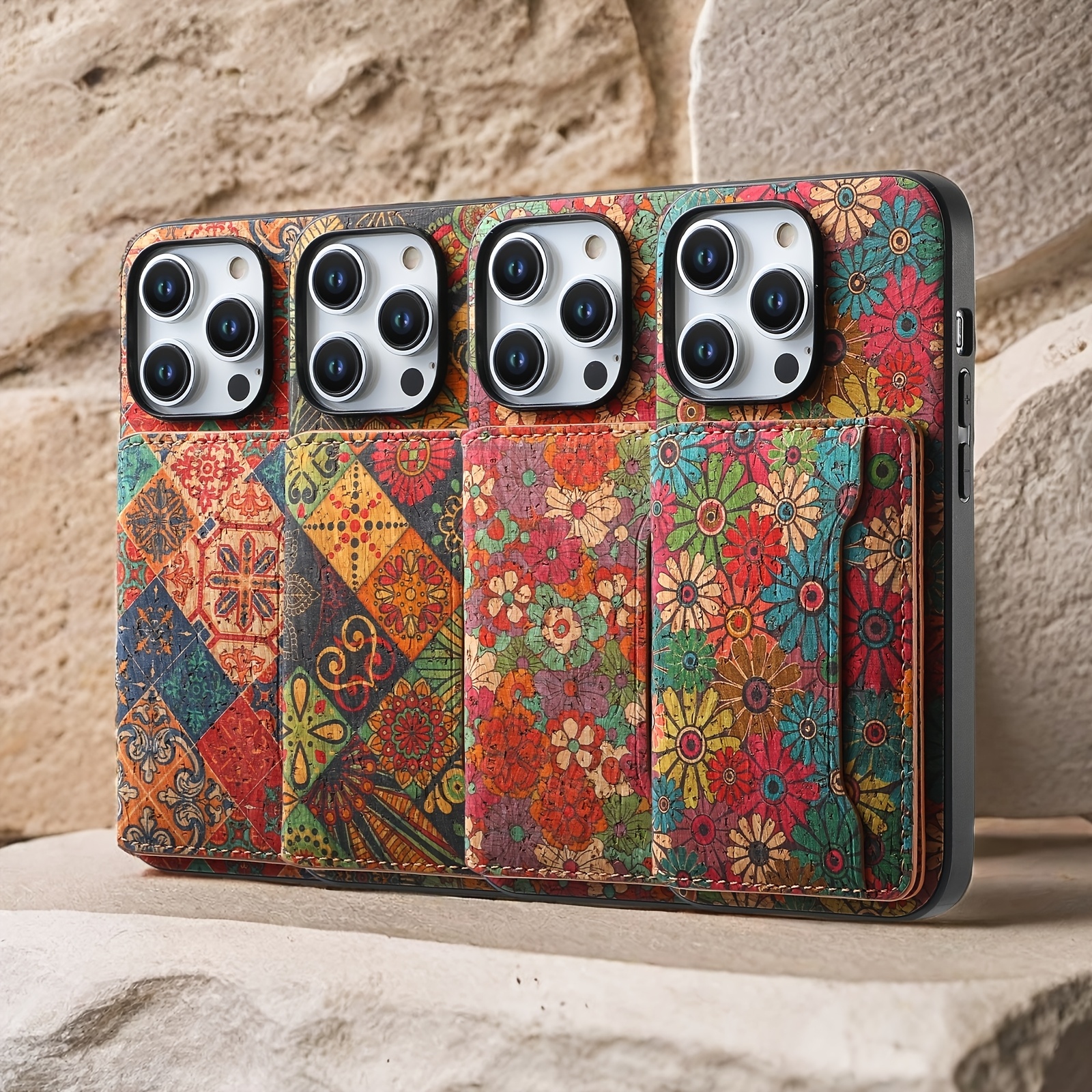 DENIOR Wooden Phonecase for iPhone 15/ 14/ 13/ 12 Series Case, with Glue Kickstand And Card Holder 3 Card Slots Can Insert 3-5 Cards Shockproof Protection, Turquoise And Red Flowers, Cork Wooden - Image 4