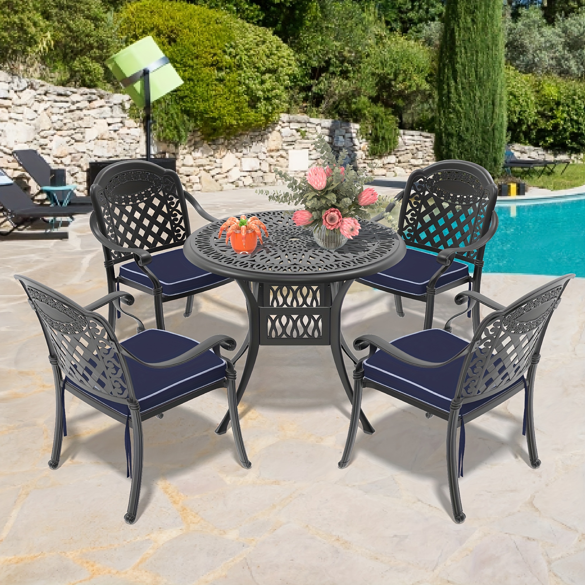 SunnyFurn 24" Round Cast Aluminum Patio Table - Antique Black Bistro Table With Umbrella Hole For Outdoor