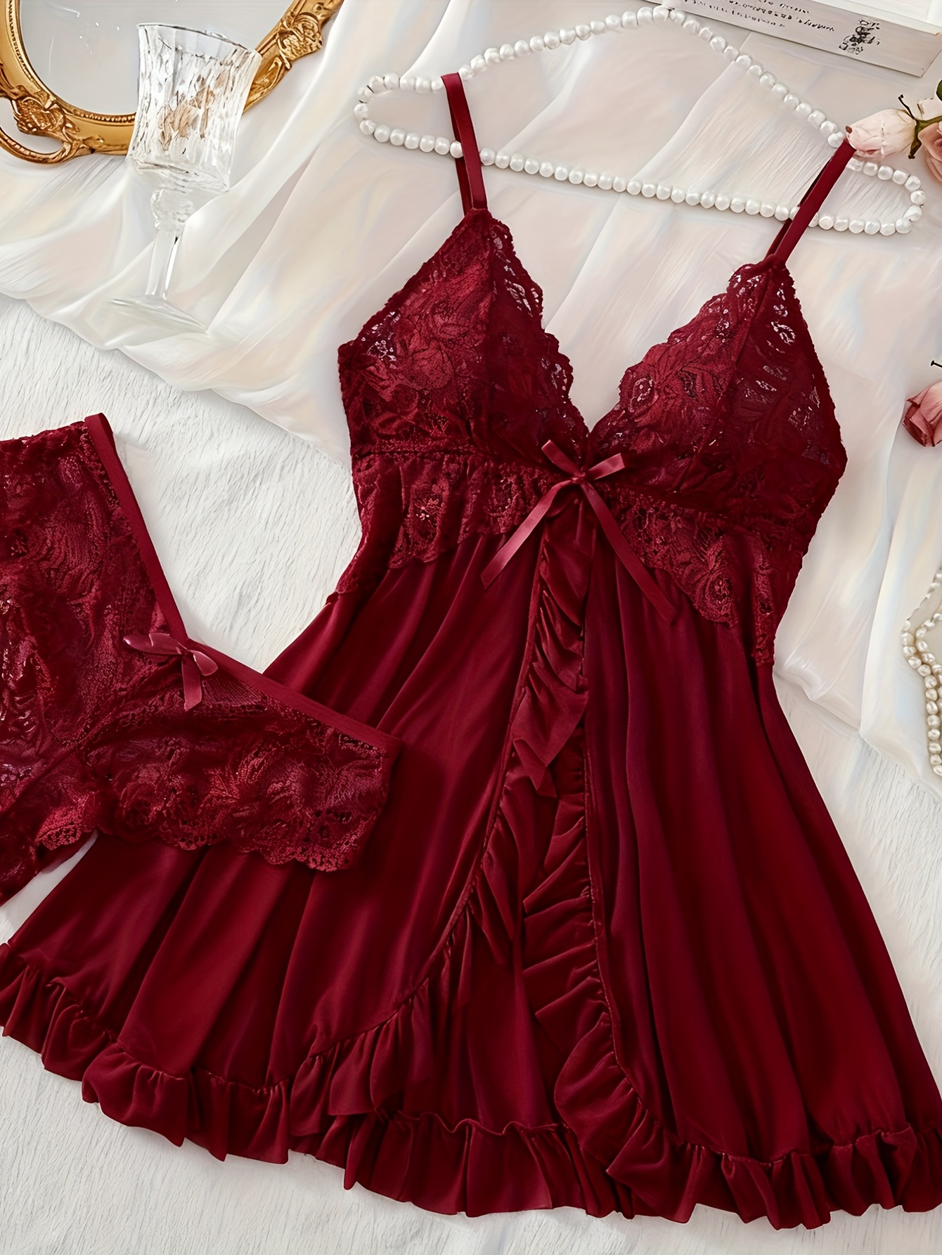 robe cami   col   femme, chemise de nuit en dentelle, robe dintérieur française Détails du produit 21