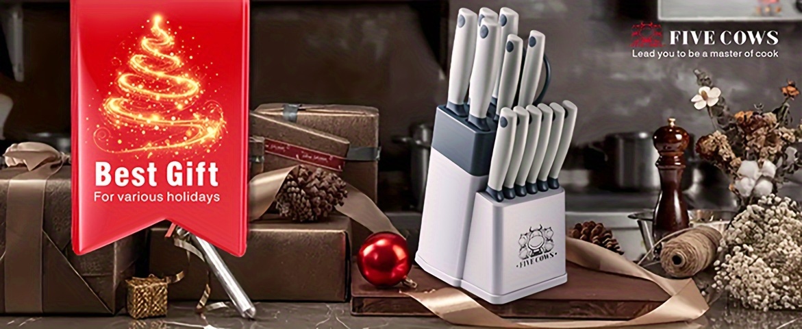 [Best Holiday Gift] 14pcss Five Cows 14pcs Knife Set With Sharpener Block, Stainless Steel, Steak Knife, Cutting Knife, Fruit Knife, Anti Slip Handle, Dishwasher, Safe Kitchen Knife, Built-in Sharpener, Best Holiday Gift In Dark Blue, White, Black, And Red