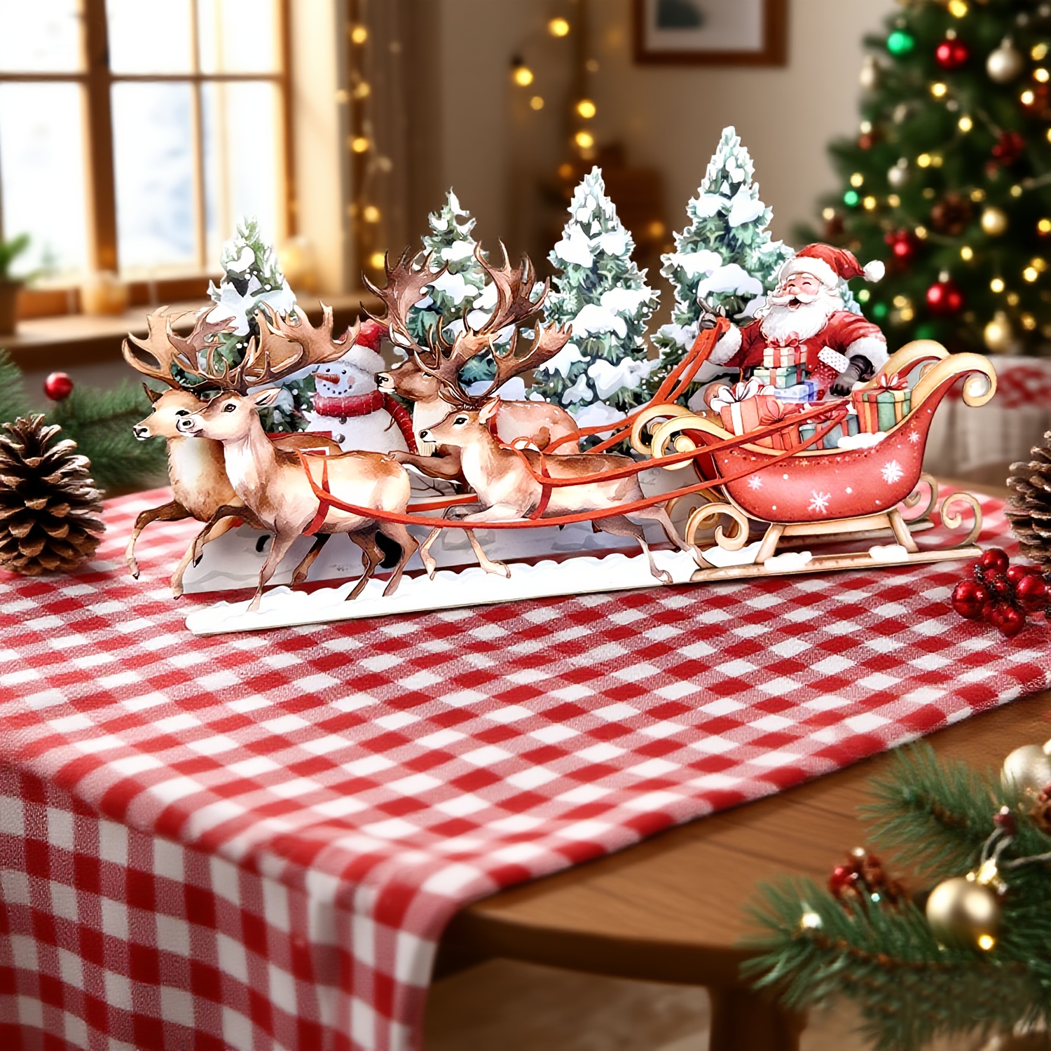 Image of Merry Christmas And Happy New Year Pop-up Greeting Card With Envelope, Santa Claus In Sleigh, Reindeer And , Holiday Paper Cards For , Home And Office Decoration