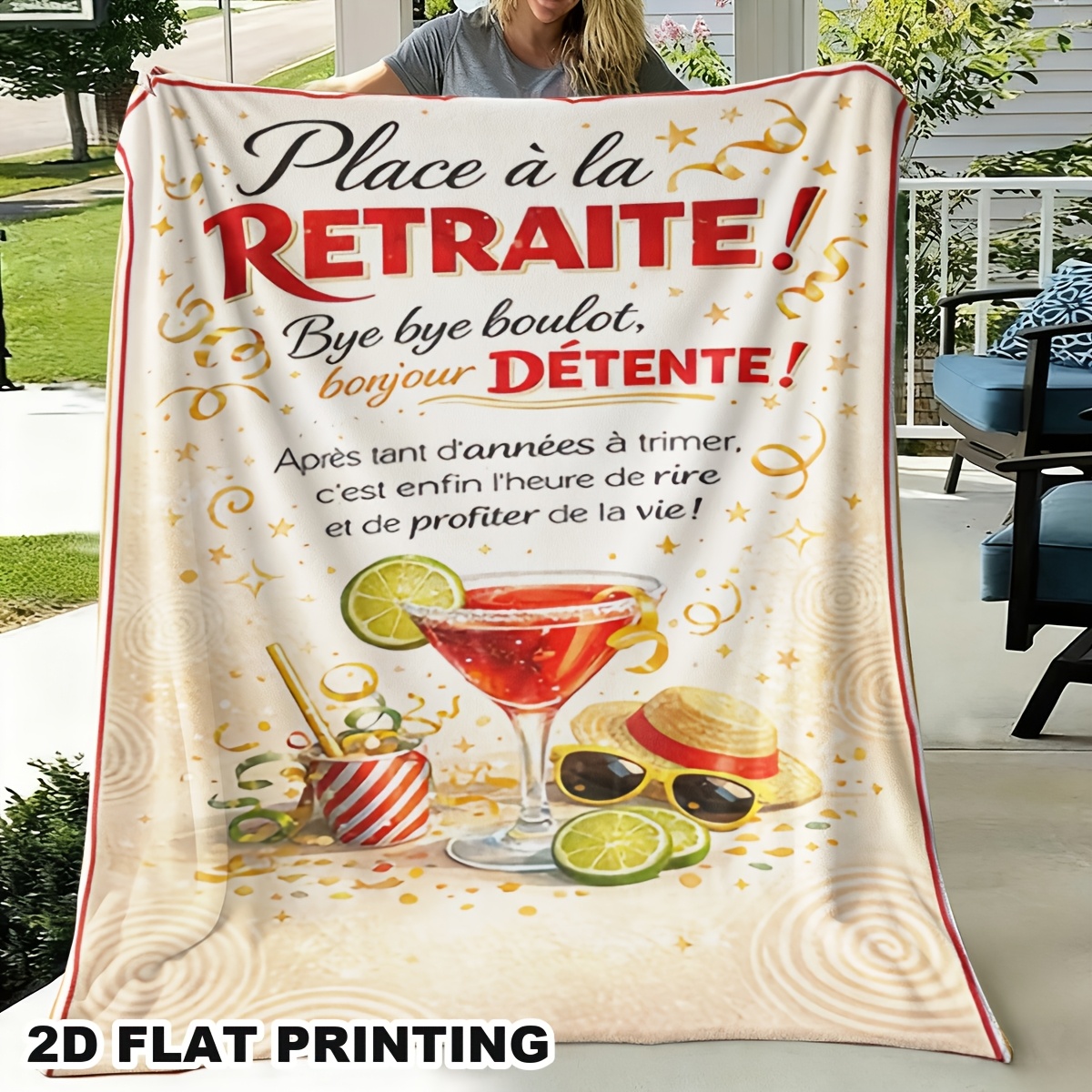 TEMU 2d Flat 1pc. À French Retirement Relaxation Vacation Flannel Blanket, Elegant Summer Cocktail Leisure Theme, Retirement Gift, Soft And Warm