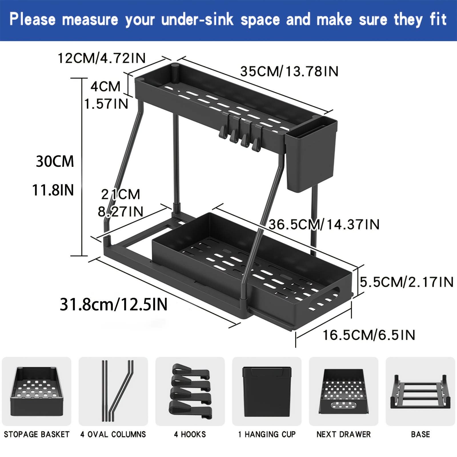 2-Pack Under Sink Organizer with Sliding Shelves, Black and White Plastic Storage Baskets for Bathroom and Kitchen Cabinets