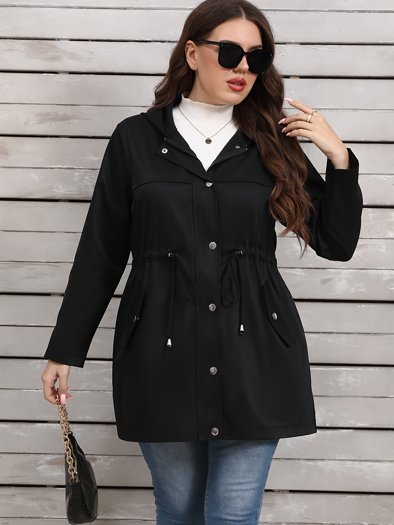 women's plus size hooded trench coat casual polyester Temu Saudi