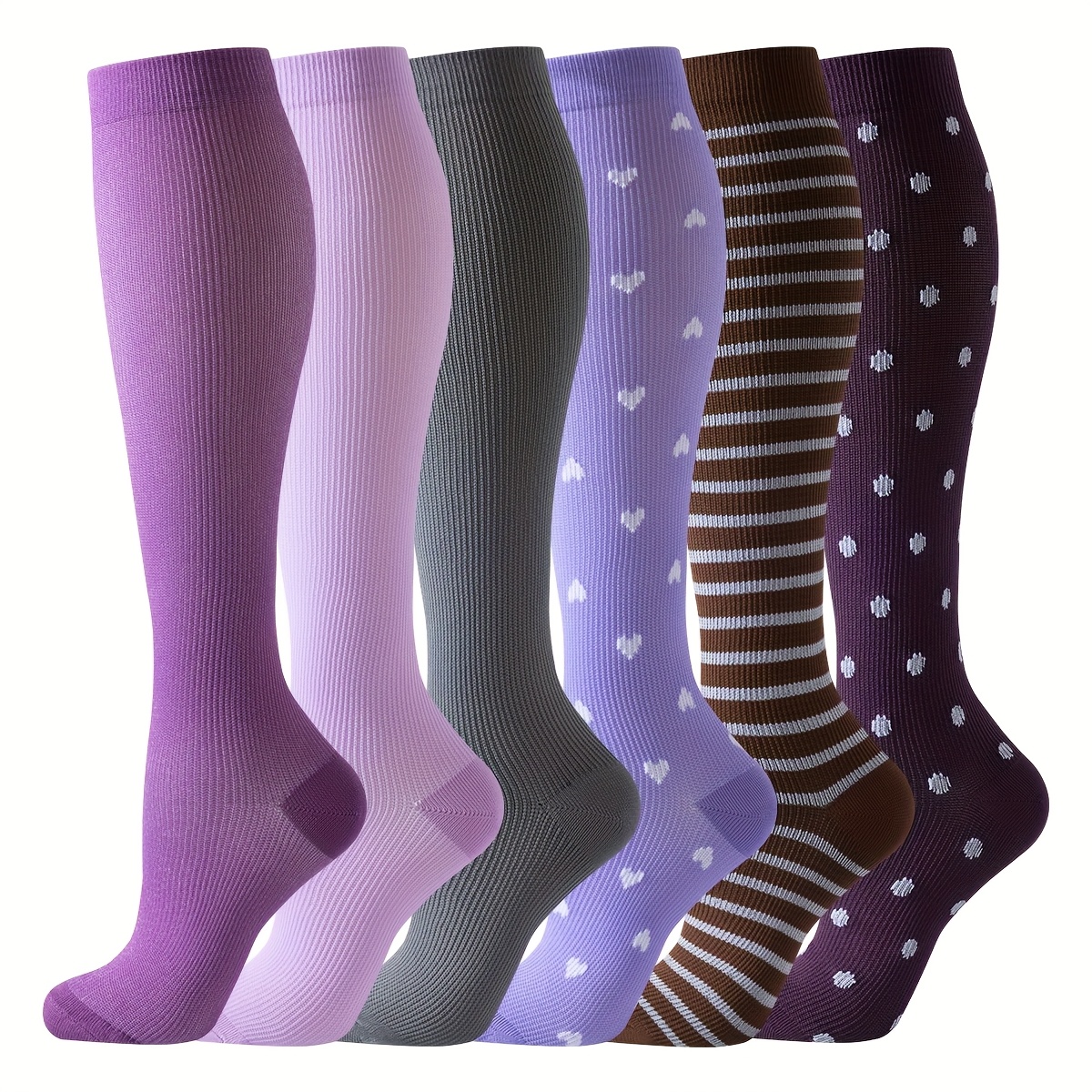 6-Pair Compression Socks - Knee-High & Calf Length Socks with Graduated Pressure, Non-Slip Opening & Arch -   Options (Purple, Pink, Blue, Black, Grey, Brown) - Elastic Opening & Toe - for Nurses, Athletes, Post-Surgery -   -   /Orthopedic   - Breathable & Durable - Ideal for Running, Cycling, Use, Compression Socks for Women, Long Socks, Socks for Women High Quality, Plus Size Compression Socks, Athletic Socks for Women, Grip Socks Women,