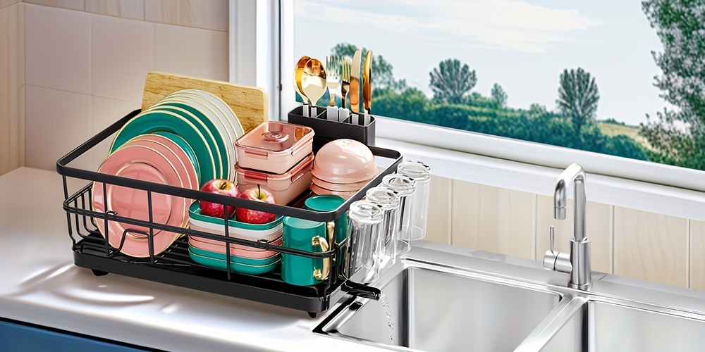   large dish drying rack for kitchen counter dish drainer with drain board cup holder cutlery holder space saving sink dish rack for drying plates bowls utensils Product details 4