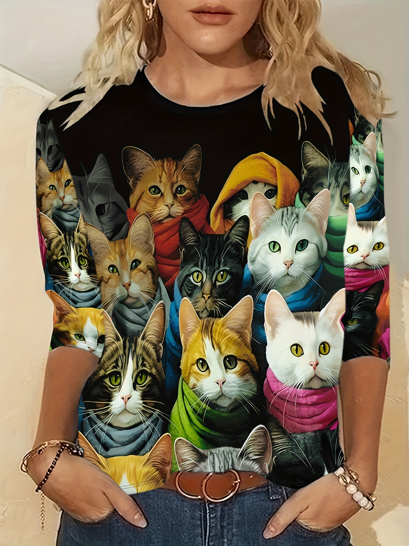 Camiseta de cuello casual para mujeres de poliéster 100%, estampado de  animal largo regular 180g/m² Diseño de gat