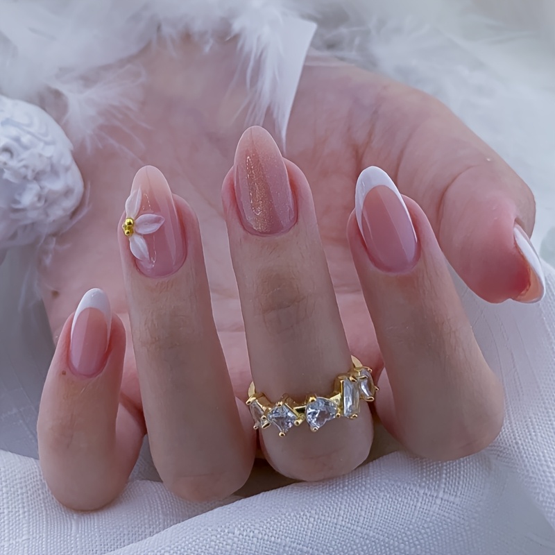 TEMU 30 Medium Almond-shaped Press-on Fake Nails, Nude Ombre Nail Tips With 3d Floral And Glitter Designs, Reusable, Suitable For Women And Daily And