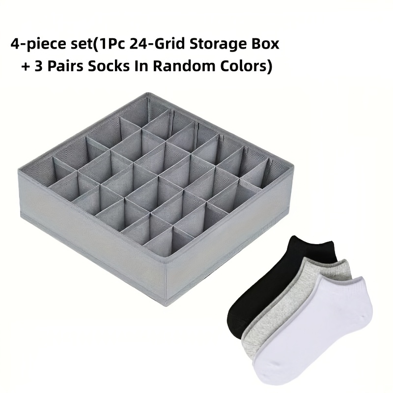 TEMU 4pcs Set (1pc 24-grid Storage Box And 3 Pairs Random Colors Socks), Non-woven Multi-grid Organizer, Suitable For Underwear, Socks And Ties