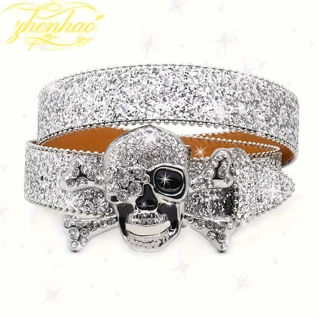 belt white sparkly hip hop punk style skull rivet - Temu display picture 3