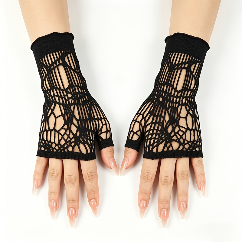 TEMU Sexy Spider Web Gloves - Half-finger Hollow Cut-out With Large Web & Elastic Suitable For Parties, Themed Costumes, Fishing, Role-play - Hand