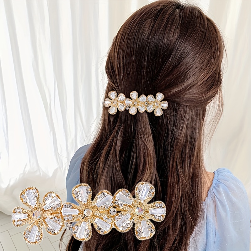 ラインストーン付き ボウヘアクリップ1個 フラワーデザイン バレッタ 