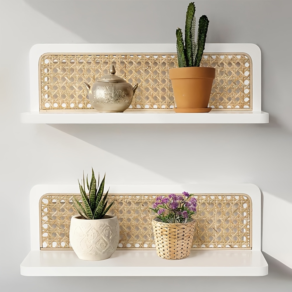 1pc Bohemian Style Rattan Woven Wall Shelf, Living Room Wall-Mounted Storage Rack, Bedroom Living Room Plant Decorative Shelf, Floating Shelves