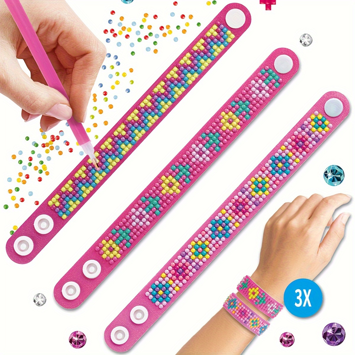 

3pcs Diy 5d Bracelet Kit - Round , Snap , & Art Supplies