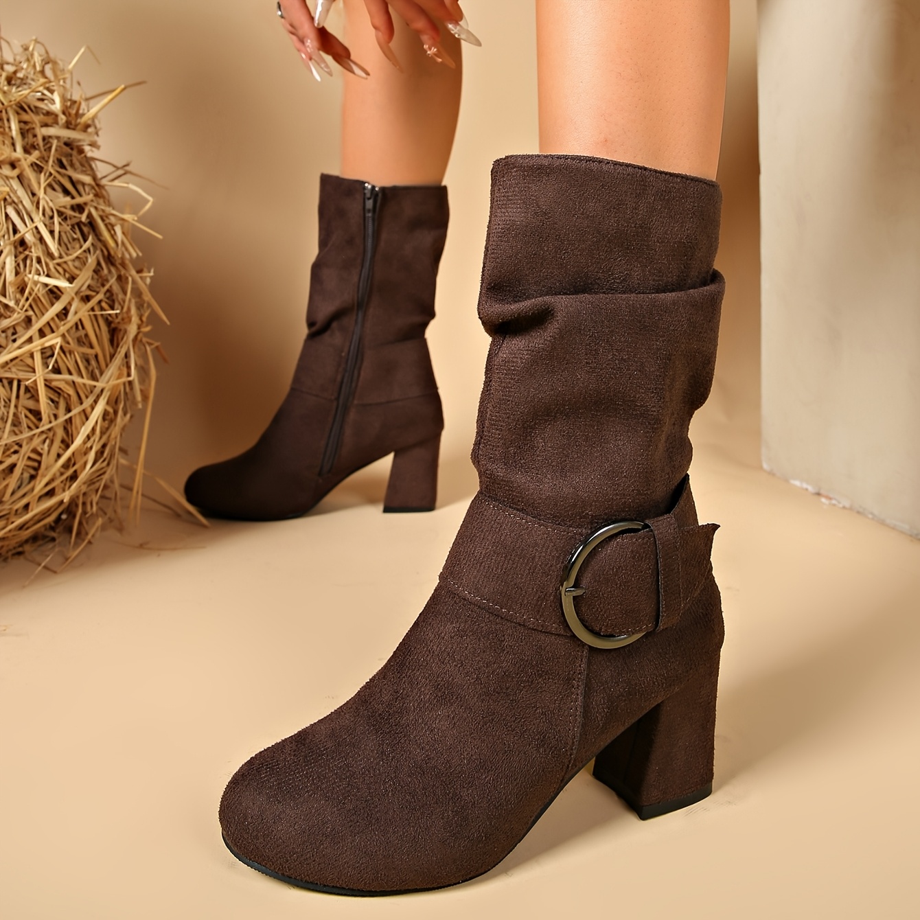 TEMU Women's Chunky Heel Side Zipper Mid-calf Boots Suede Round Slouchy Booties 7cm Height-boosting Anti-slip Versatile Fashion Boots