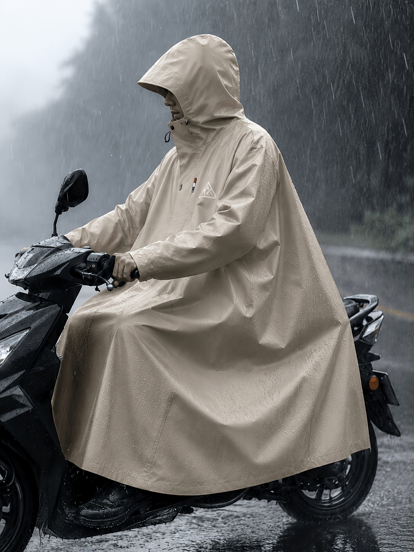 item picture Adult Single Piece Waterproof Motorbike Rain Poncho With Adjustable Hood, Wind Resistant Oversize Long Rain Cape Cover For Scooter Motorcycle Daily Commute, Lightweight Portable Riding Rainwear Available In 4 Neutral Classic Colors, Open in new tab.
