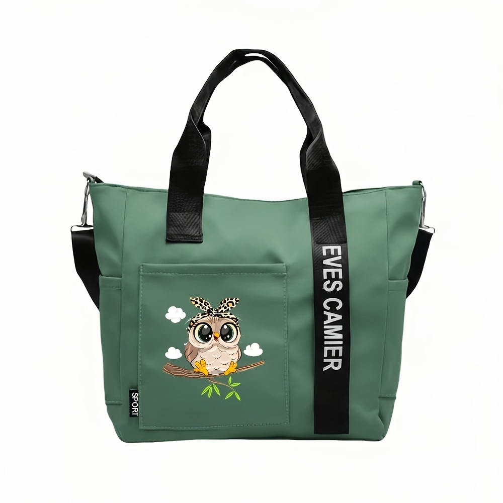 TEMU Big- Owl With Leopard Print Headband Nylon Gym Tote Bag, Large Capacity Women' Shoulder Bag With Zipper Closure And Multi-, Multiple Colors ,