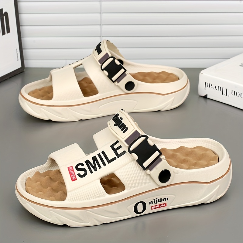 mens summer 2025 new thick sole eva slide sandals slip resistant high quality odor resistant ergonomic arch support massage sole open toe design with   letter print for beach outdoor casual wear outdoor footwear stylish contrast accents antislip footwear strappy sandals suitable for women Product details 2
