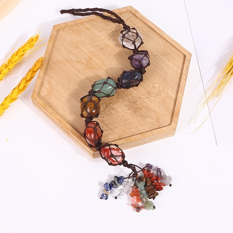 TEMU Chakra Natural Crystal Irregular Stones Hand-woven Into A Mesh-shaped Pendant For Display, A Fragrance-free Decorative Item, Suitable For Car