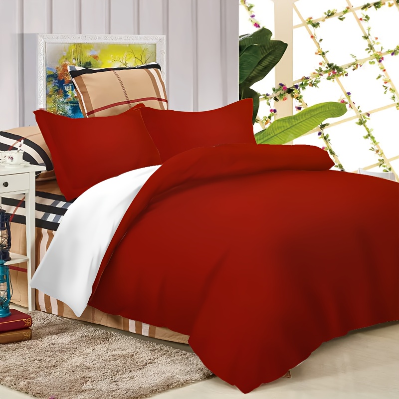 TEMU 3pcs Duvet Cover Set, 1 Duvet Cover And 2 Pillow Shams, Solid Color Background Minimalist Style Red Pattern Print, Full/queen/king Size, ,