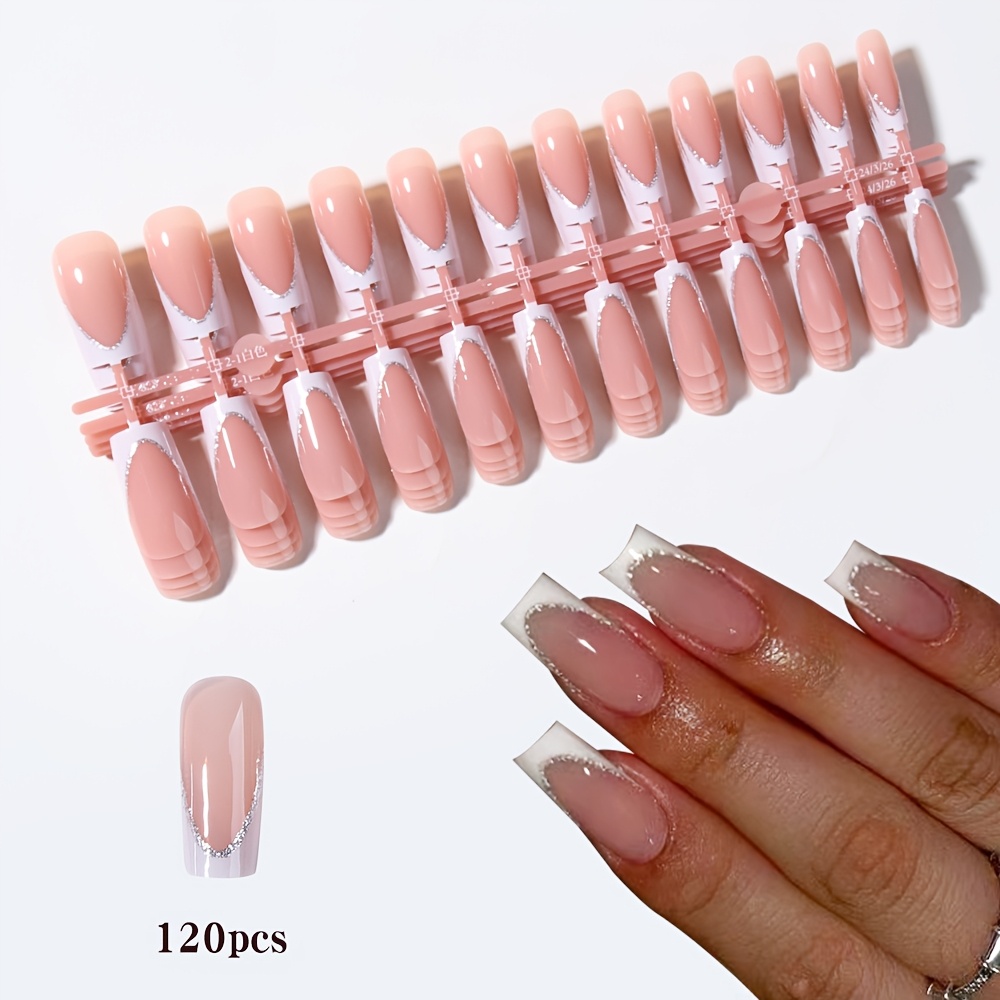 TEMU 120 stuks Lange Vierkante Press-On Nagels, Nude Roze met Witte V-Vormige Franse Randen, en Zilverkleurig Fijn Shimmer/Diamant Poeder Omtrek,