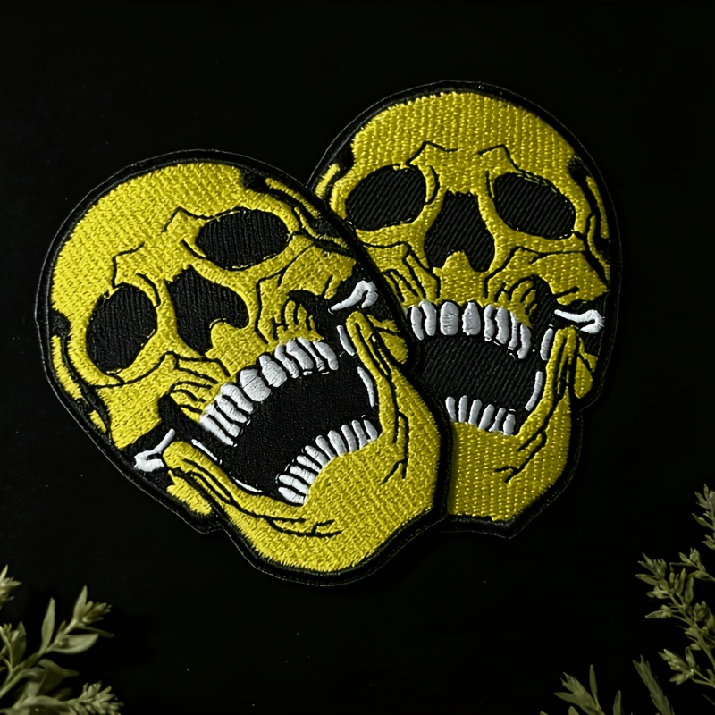 TEMU 2pcs Retro Gothic Character Head Embroidered Patch, Yellow Black Irregular Iron On Applique For Jackets, Backpacks, Hats Diy Decor