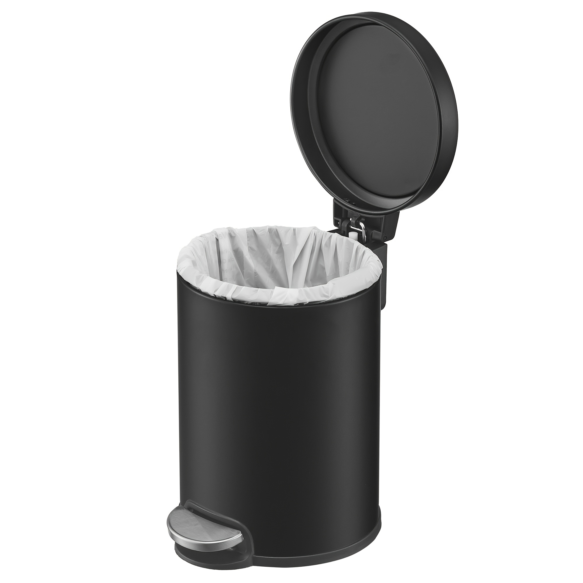 Image of Small Trash Bin With Steel Lid, Pedal Operated With Removable Bucket And Soft Close, For Bathroom Or Kitchen, White, Black, 17.3 X 22.4 X 25.4cm