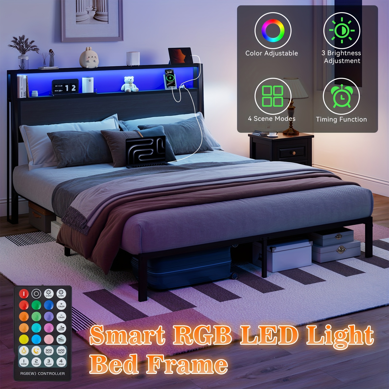 Full Queen King Size Bed Frame With Headboard, Metal Platform Bed Frame With LED Lights & Charging Station, Under Bed Storage, Solid And Stable, No Box Spring Needed, Noise Free, Easy Assembly, Dark Grey