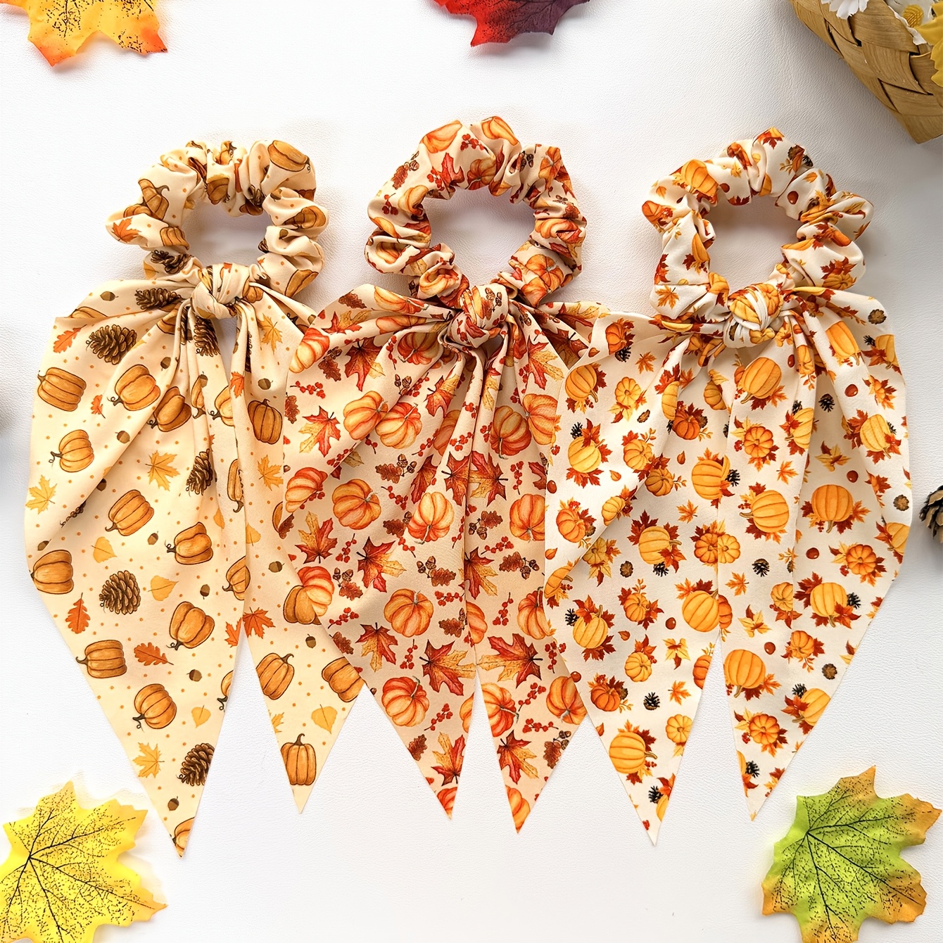 TEMU 3pcs Thanksgiving Hair Additions Maple Leaf Pumpkin Pattern Fabric Long Tassel Big Bow Hair Tie, Daily Casual Hair Rope Women's Fashion High
