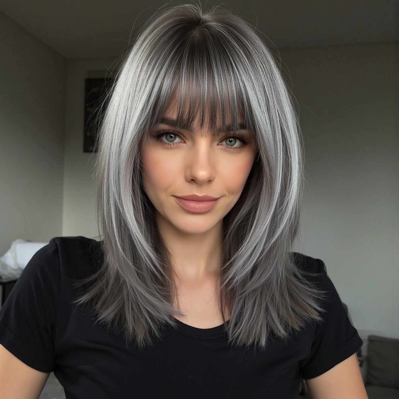 TEMU 18 Inch Women's Elegant Gradient Flush With Bangs Layered Hair, Chemical Fiber Wig Rose High Temperature High Temperature Fiber, Suitable For