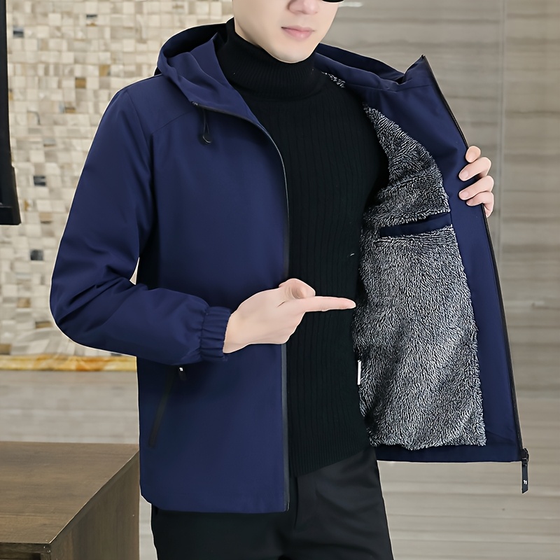 Chaqueta de polar para hombre, abrigo con cremallera resistente al viento para otoño, chaqueta con capucha casual, cálida y moderna, color sólido