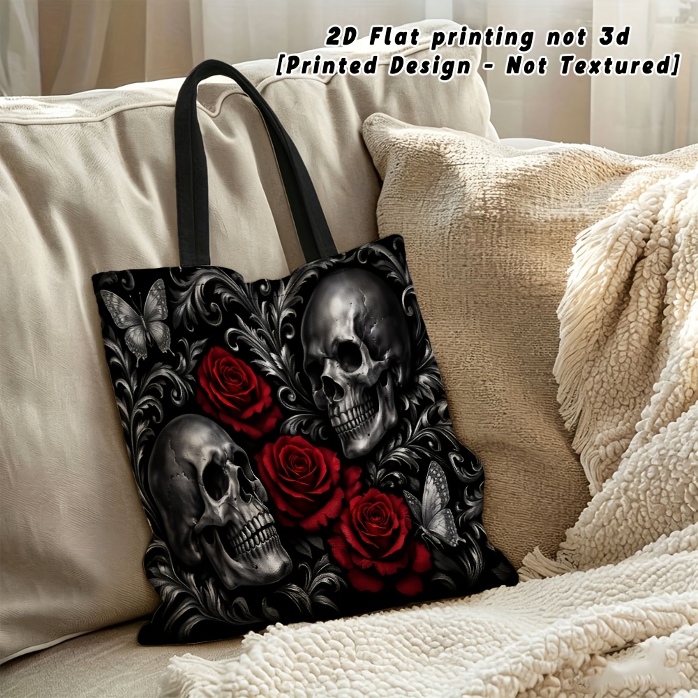 TEMU 2d Flat Printing [printed Design - Not Textured] Women's Shoulder Bag, Skull Rose Pattern Women's Shoulder Bag, Multi-functional Handbag,
