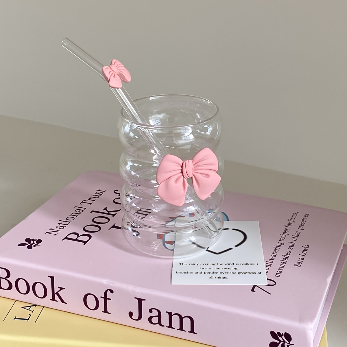 Gobelet En Verre Borosilicate 500 Ml Avec Couvercle Bambou Et Paille - Nœud Papillon Rose - Pour Café Glacé, Cocktails - Cadeau Mignon