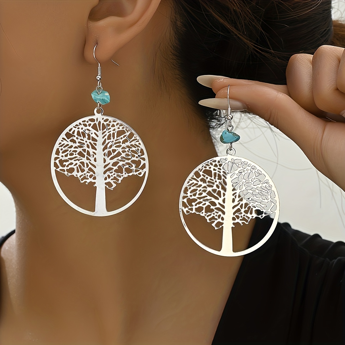 1 Pair Bohemian Style Tree Of Life Hollow Geometric Large Circle Earrings, Natural Niche Design Sense Long Drop Earrings, Vacation Outfit Accessory