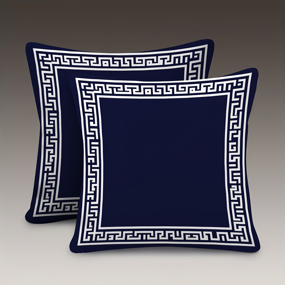TEMU 2pcs, Housse de coussin douce double face 18X18 pouces, avec une illustration vectorielle de cadre de motif grec moderne avec des blanches,