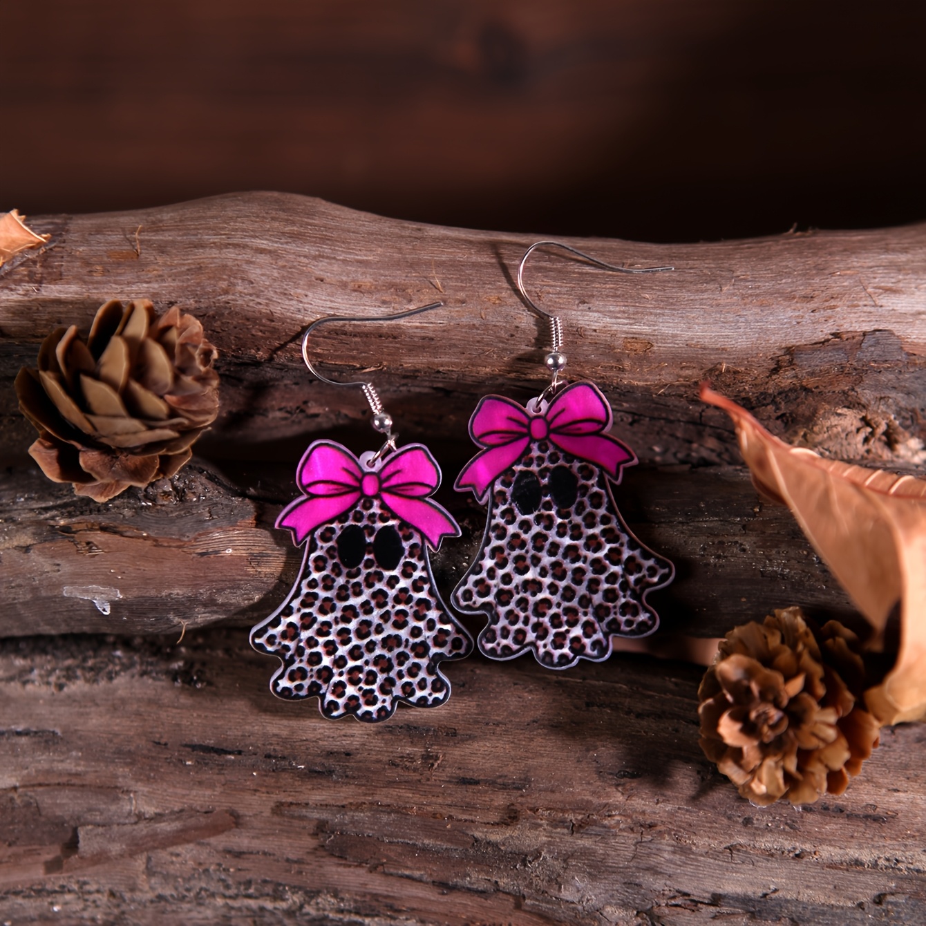 Handmade Glossy Resin Dangle Drop Earrings with Cherry Leopard Print