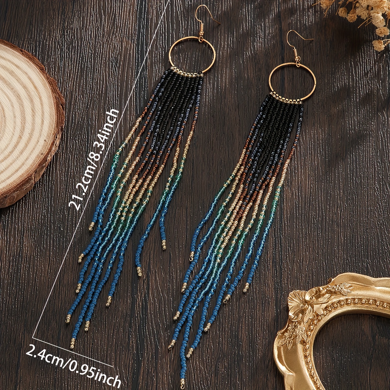 Bohemian Handmade Beaded Earrings, Black to Blue Gradient Tassel