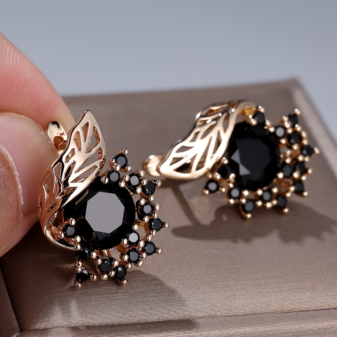 

Elegant Golden Floral Drop Dangle Earrings With Round Black Cz Stone, Copper Wedding Jewelry For All , Winter, New Year