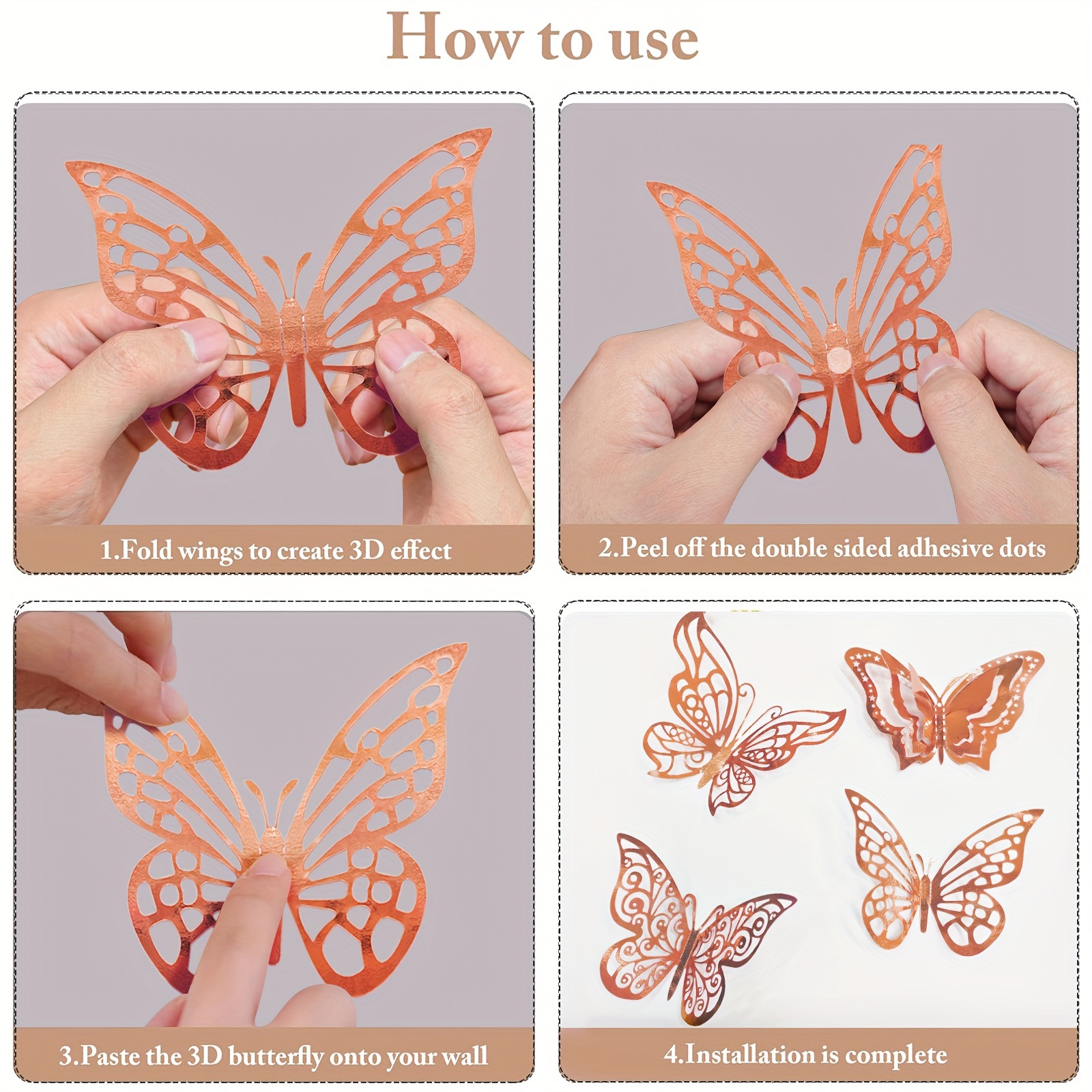 48pcs 3D Golden Butterfly Wall Decals - Reusable Self-Adhesive Shimmering Plastic Stickers for Home Decor, Party Balloons, Cake Art, Crafts, Bouquets & Gift Embellishments, Butterfly Decorations