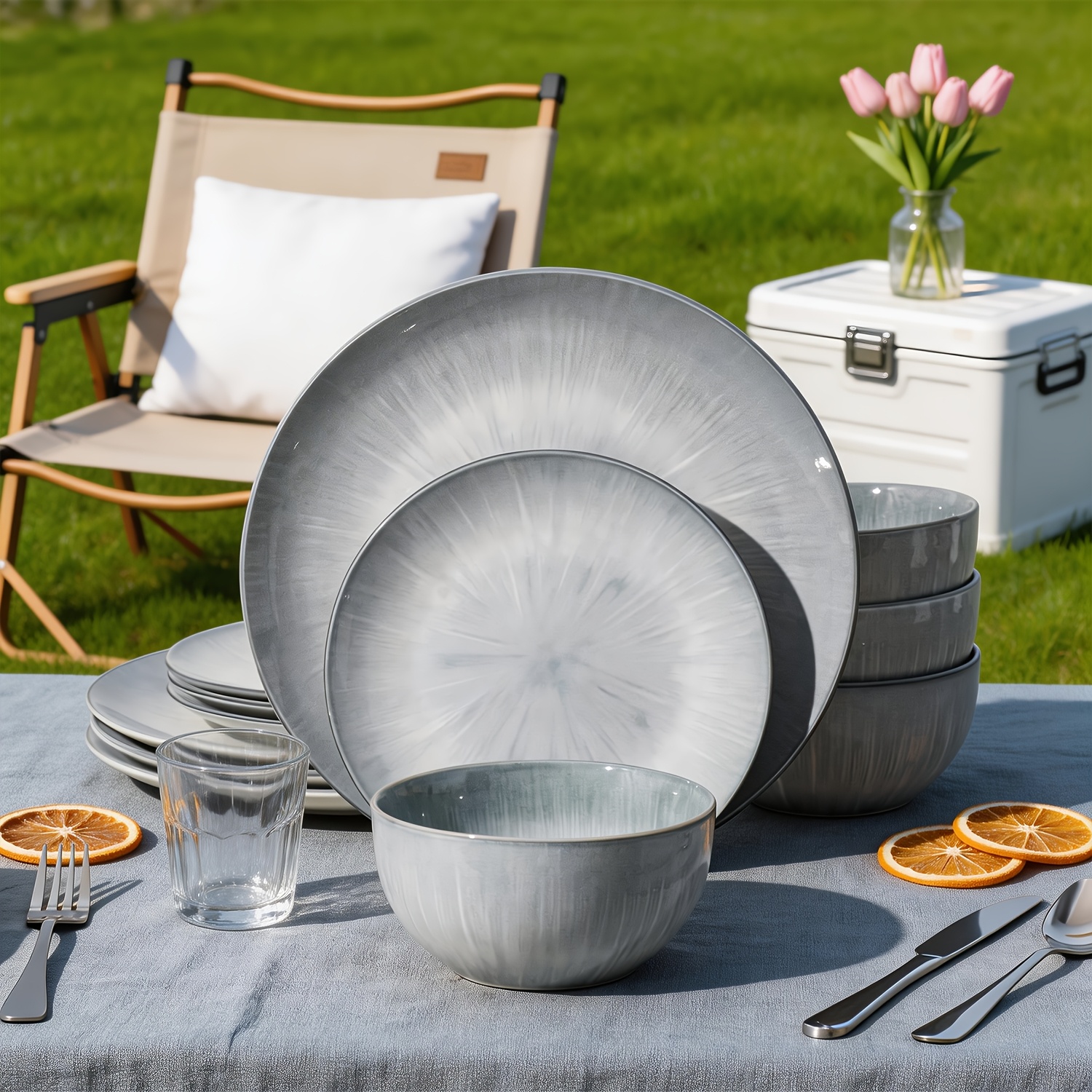 12pcs Hand-painted Ceramic Dinnerware Set, Tableware For , Outdoor Camping Plates Bowls And Dishes, Microwave And Dishwasher Safe