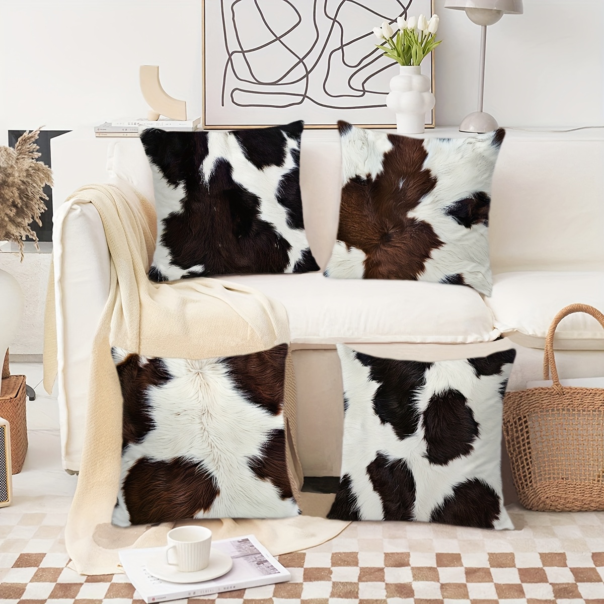 set of 4 short plush double sided printed throw pillow covers   cowhide animal fur printed cushion covers   decor pillowcases 18 x 18 inches for porch sofa patio living room bedroom outdoor without pillows Product details 0