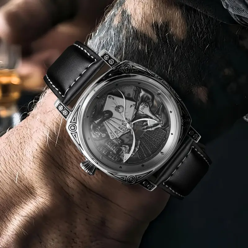 mens skeleton automatic watch vintage mechanical movement case with intricate engravings black dial roman stainless steel strap elegant for men luxury watch without battery Product details 8