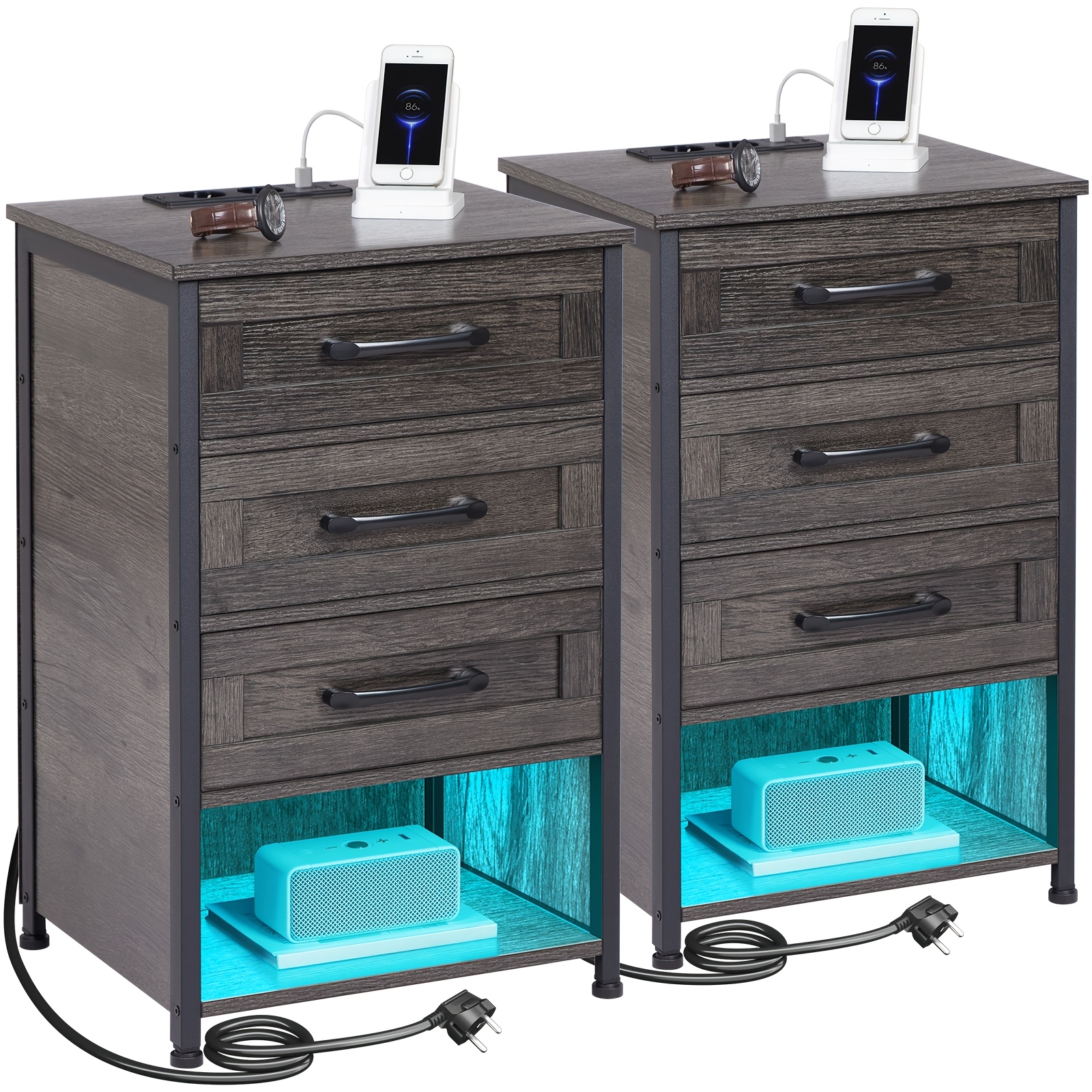 Amhancible 2pcs Bedside Table With 3 Wooden Drawers, End Table With Led Light Strip, Night Stand With Charging Station For Living Room And Bedroom