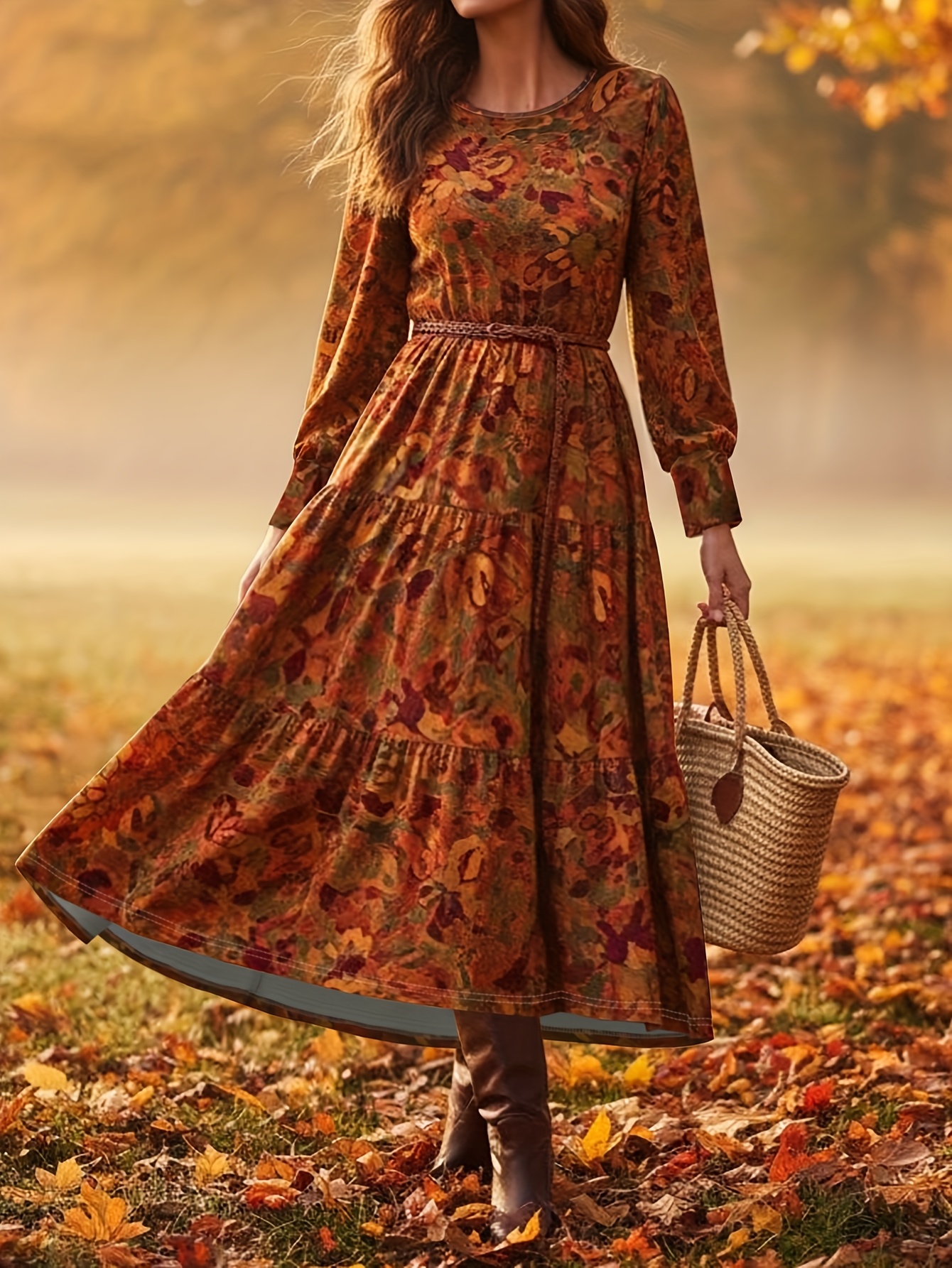 Targeted Directional Autumn And Winter Women'S Floral Print Dress *  Versatile Fashion Long Sleeve Long Dress Country Style Outdoor Camping Wear  Autumn Dress