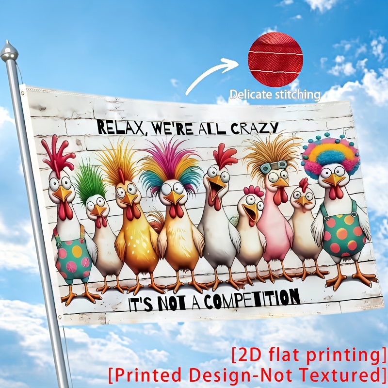 TEMU 2d Flat, 1pc Colorful Hairstyle Chickens Relax All Crazy Funny Art - 2d Flat Printing Humorous And Decor - 3x5 Feet, Single-sided Hanging 2 Hole