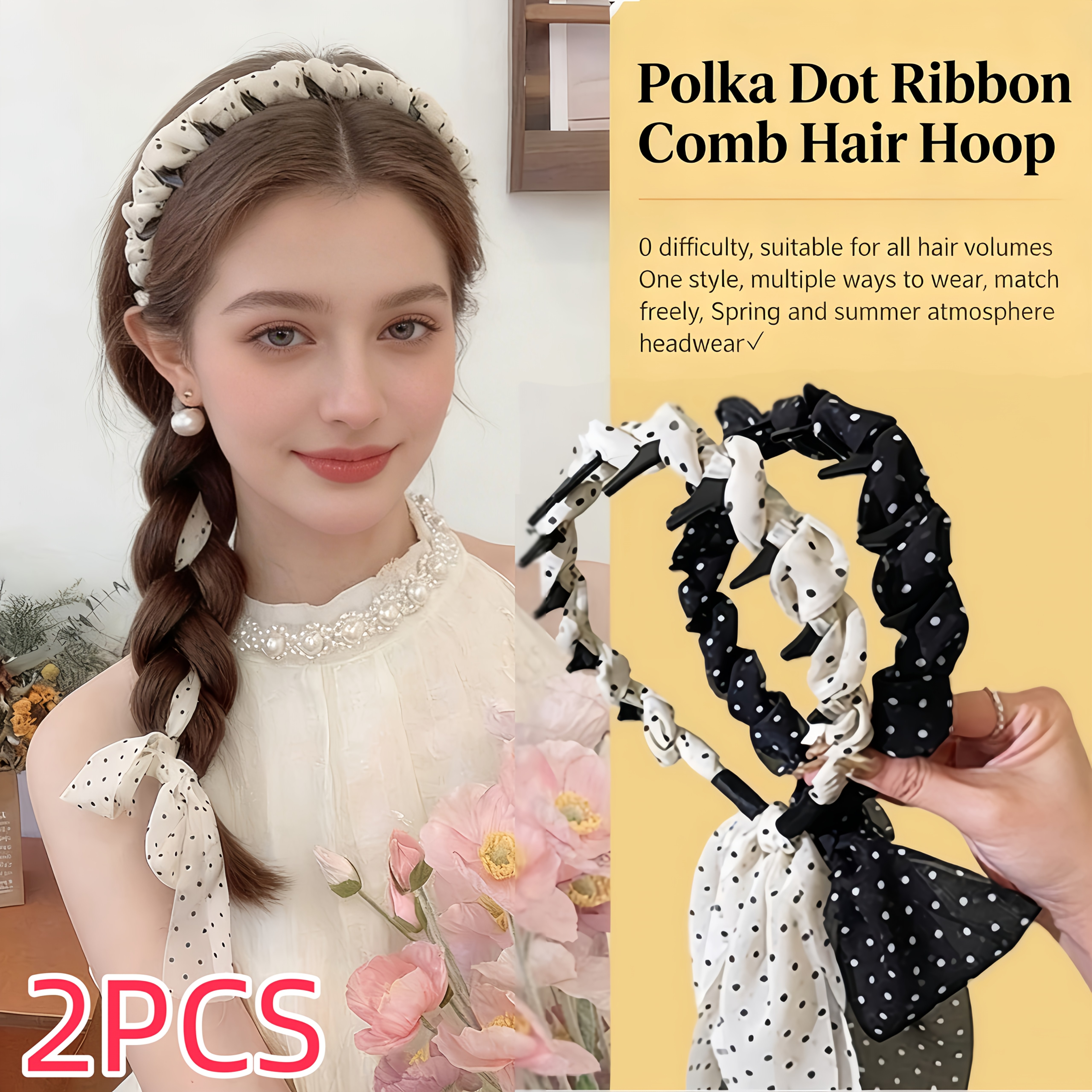 E-shop ./2 Stk. Damen Stirnband, Damen Stirnband (Schwarz + Weiß), Haar Accessoire Stirnband, Elegantes Haar Accessoire mit Punkten aus Polyester