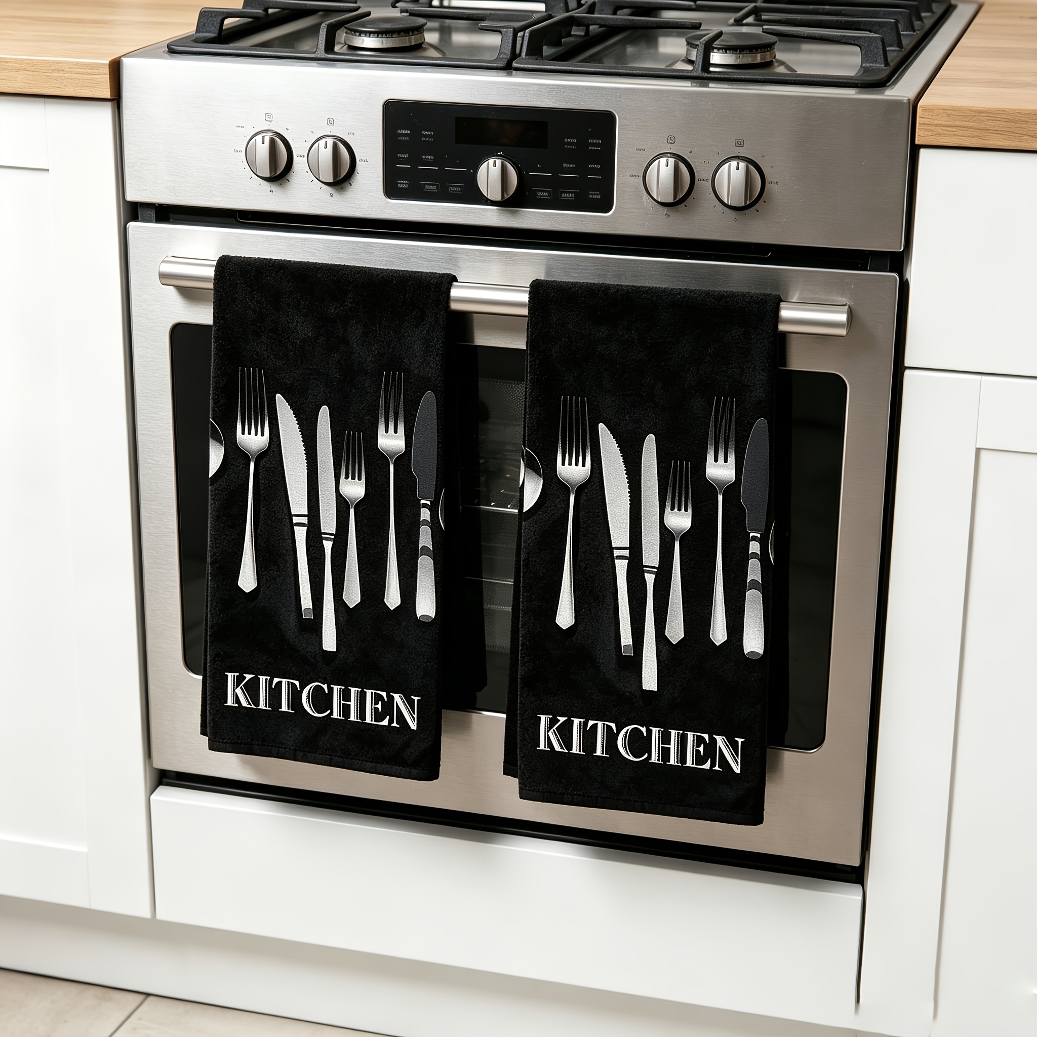 TEMU Set Of 2, Large Silvery Cutlery Pattern Kitchen Towels, Scouring Pads, Suitable For Kitchen, Holiday Gifts, Etc.