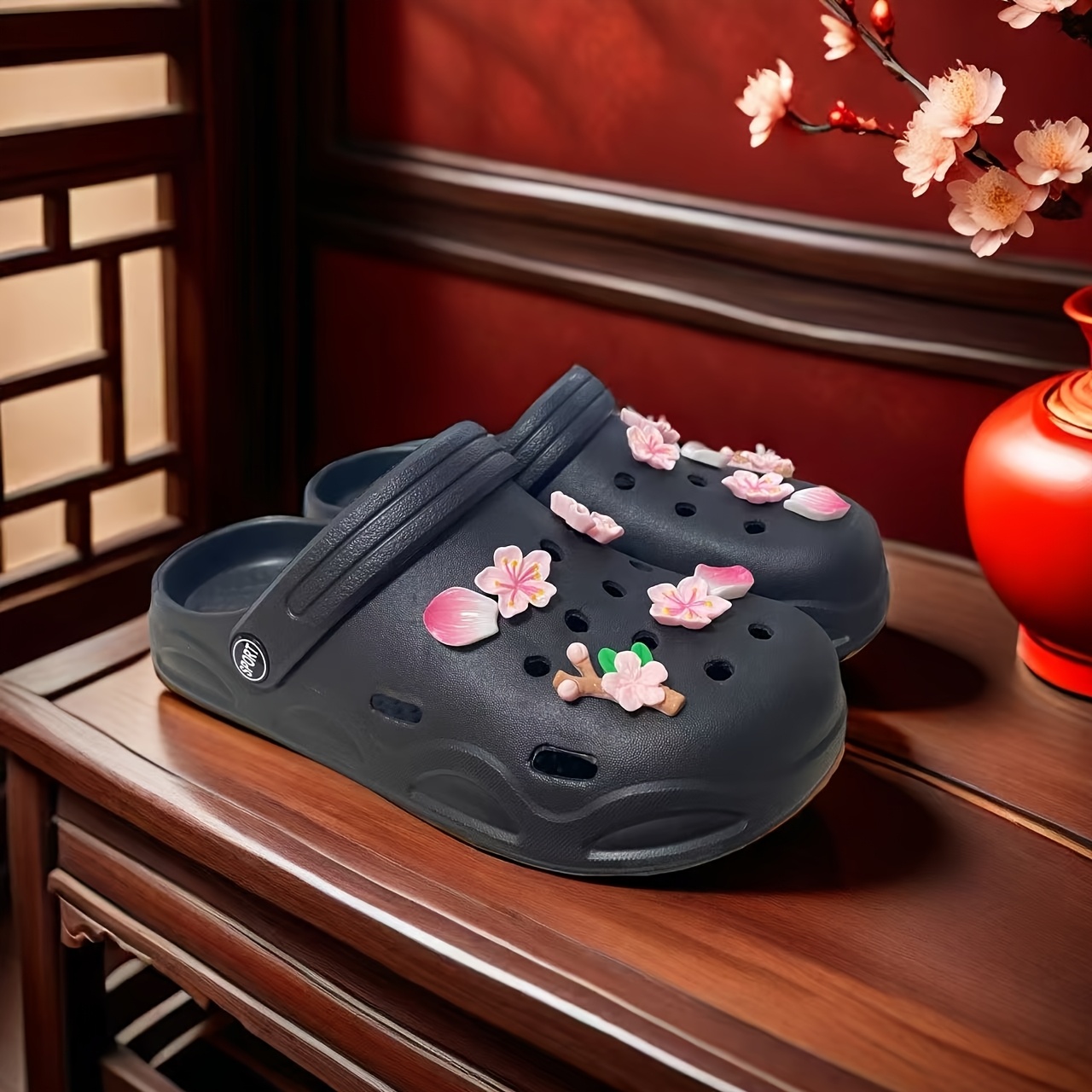 TEMU Women's Flat Clogs. Women's Indoor Slippers Suitable For , Versatile And Casual. A Festive Surprise Gift With Pink Floral Ornaments. 12pcs