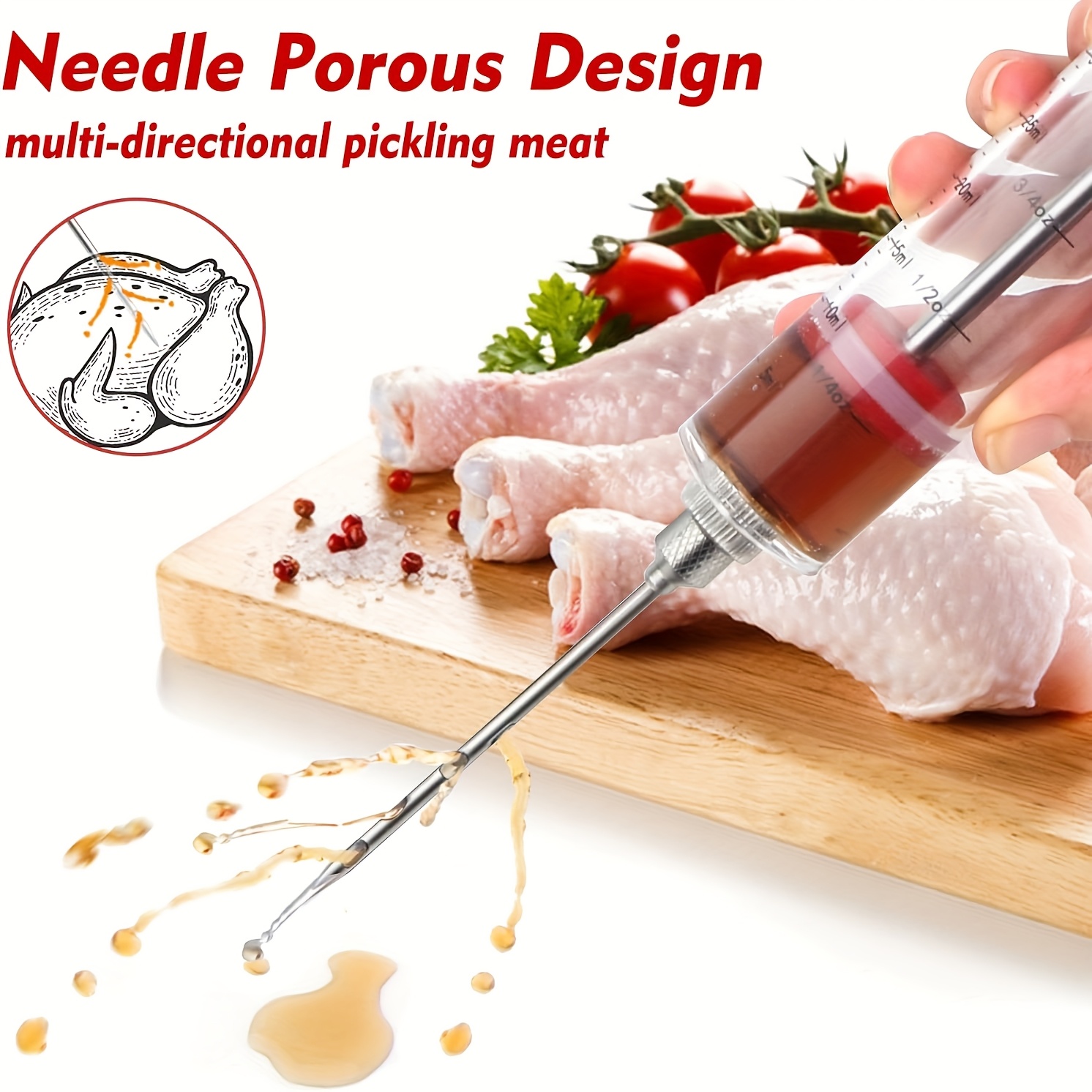 5pcs Stainless Steel & PP Marinade Syringe Set with 304 Needles - Heavy-Duty Portable Meat Injector System for BBQ, Grilling, Smoking, Marinating - Hygienic Easy-Fill Liquid & Seasoning Injector Tools Plastic syringes are for food use only, this