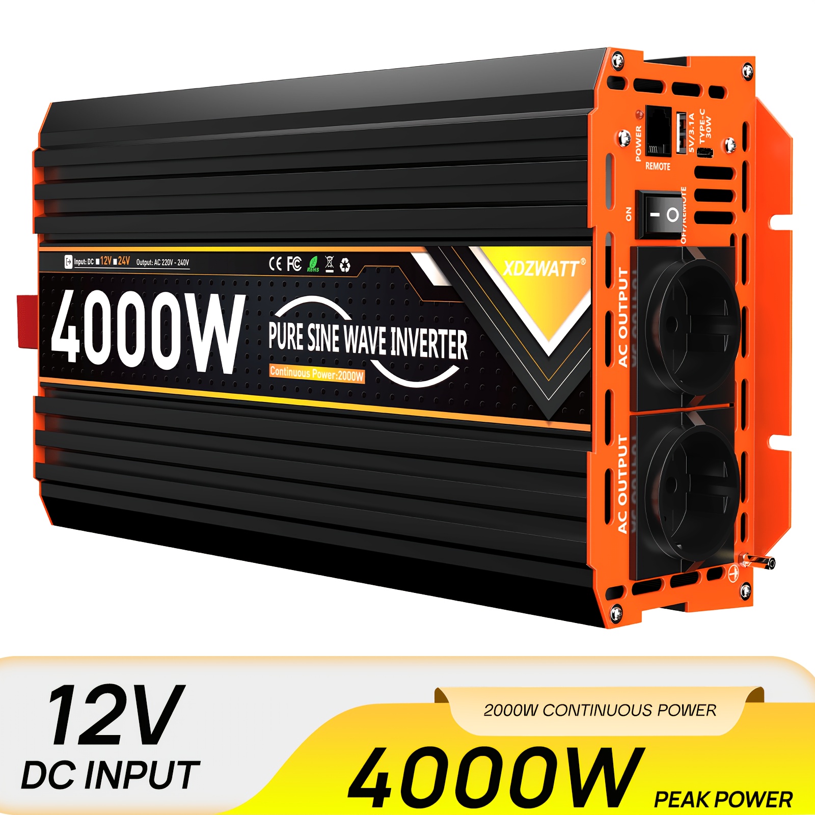 TEMU 2000w/4000w Inverter/voltage Converter, 12v To 230v Pure Sine Inverter, Equipped With 2 Ac Outlets, Type-c And Usb Ports, And A Remote Control